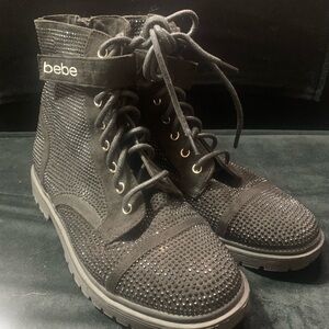 bebe Black Studded Lace-Up Ankle Combat Boots